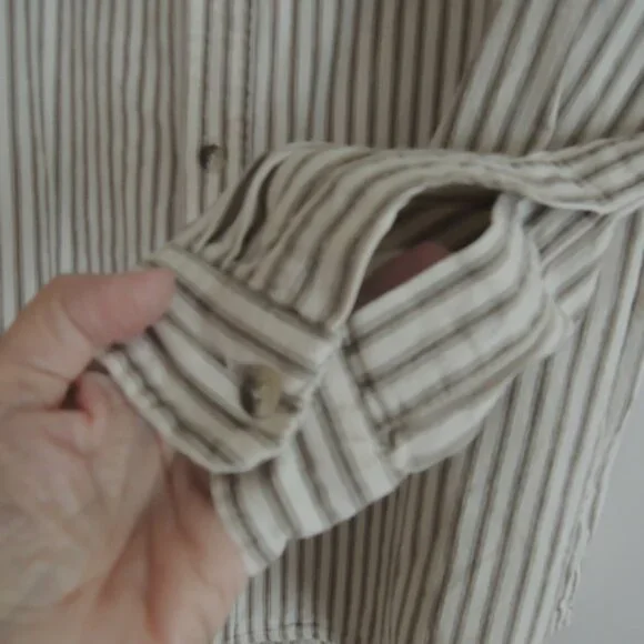 Banana Republic Shirt Size M Off White + Tan Cotton Ticking L/S - Vtg 80s Label